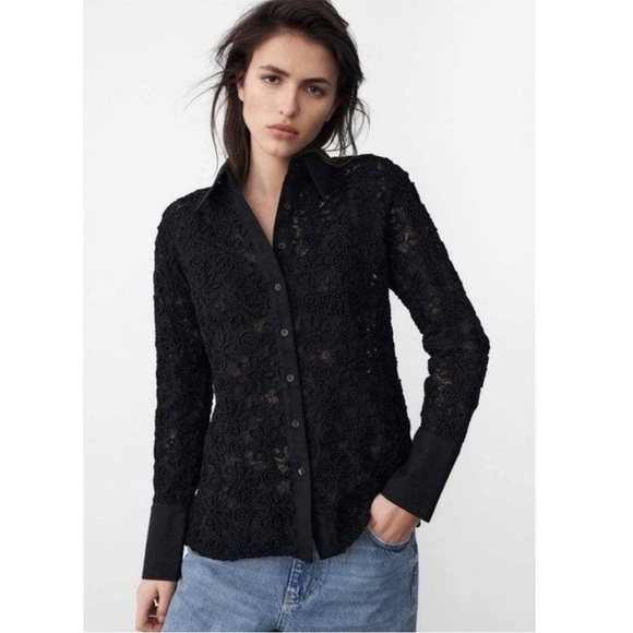 ZARA black flower crochet embroidered long sleeve button up shirt size small - Picture 1 of 14